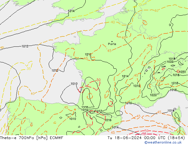 Theta-e 700гПа ECMWF вт 18.06.2024 00 UTC