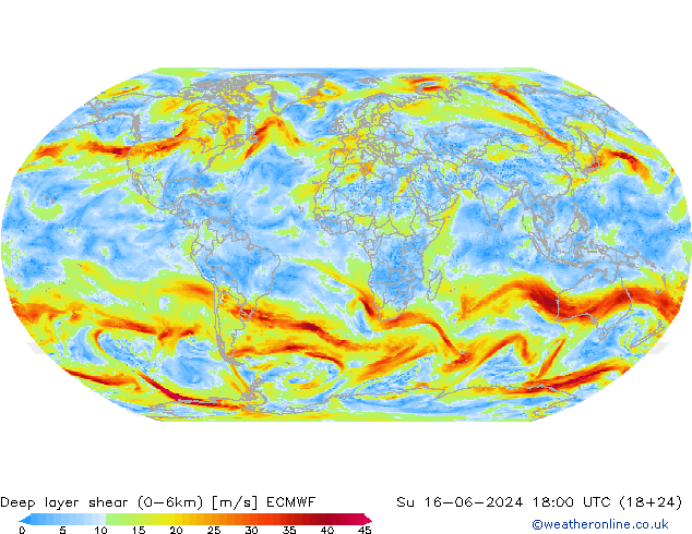 Deep layer shear (0-6km) ECMWF So 16.06.2024 18 UTC