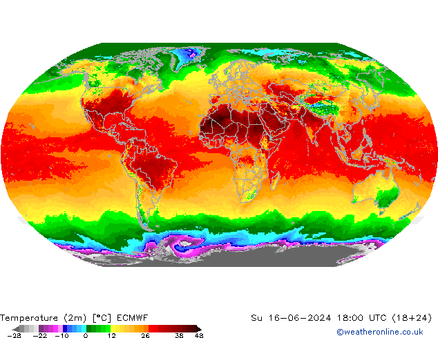 mapa temperatury (2m) ECMWF nie. 16.06.2024 18 UTC