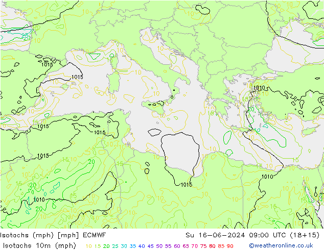 Isotachen (mph) ECMWF zo 16.06.2024 09 UTC