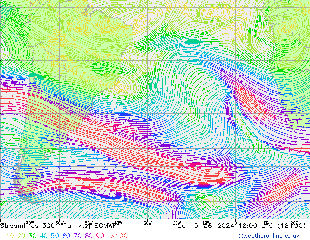 Linea di flusso 300 hPa ECMWF sab 15.06.2024 18 UTC