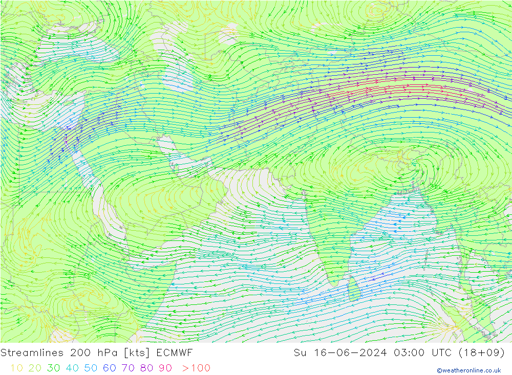 Linha de corrente 200 hPa ECMWF Dom 16.06.2024 03 UTC
