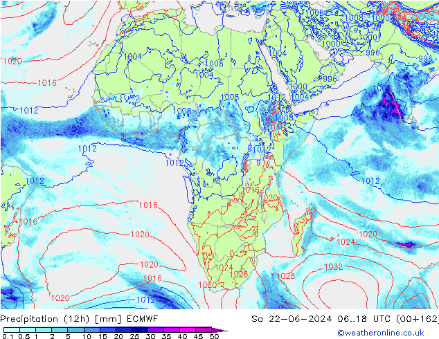 Precipitation (12h) ECMWF Sa 22.06.2024 18 UTC