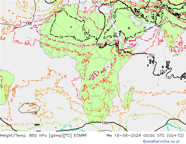Height/Temp. 850 hPa ECMWF śro. 19.06.2024 00 UTC