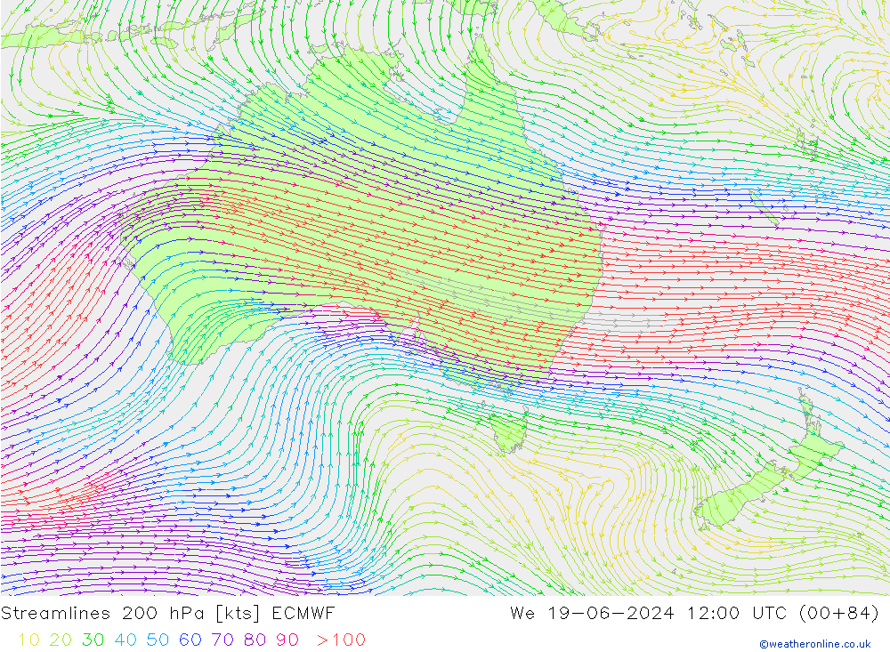 Linea di flusso 200 hPa ECMWF mer 19.06.2024 12 UTC