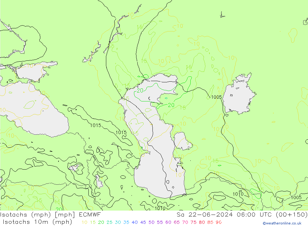 Isotachs (mph) ECMWF  22.06.2024 06 UTC