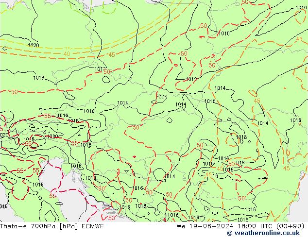 Theta-e 700hPa ECMWF St 19.06.2024 18 UTC