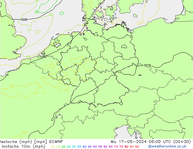 Isotachs (mph) ECMWF Po 17.06.2024 06 UTC