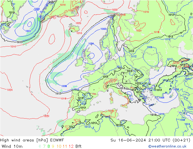 High wind areas ECMWF 星期日 16.06.2024 21 UTC