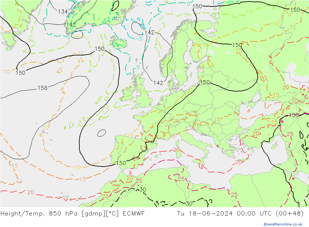 Geop./Temp. 850 hPa ECMWF mar 18.06.2024 00 UTC