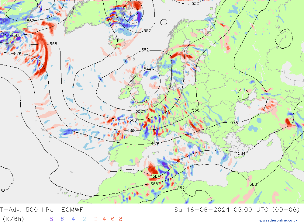 T-Adv. 500 hPa ECMWF Su 16.06.2024 06 UTC