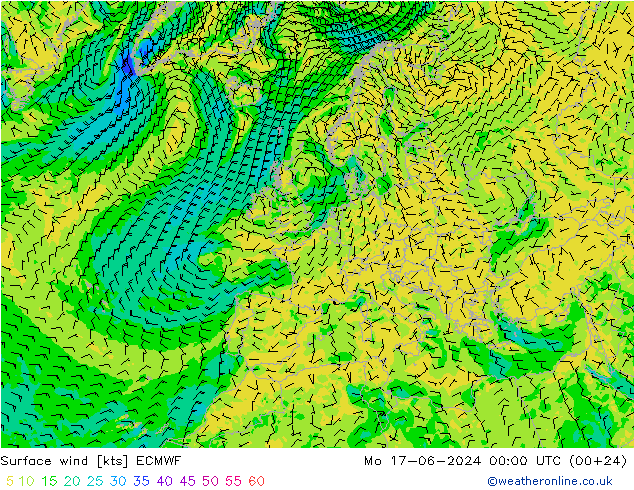 Surface wind ECMWF Po 17.06.2024 00 UTC
