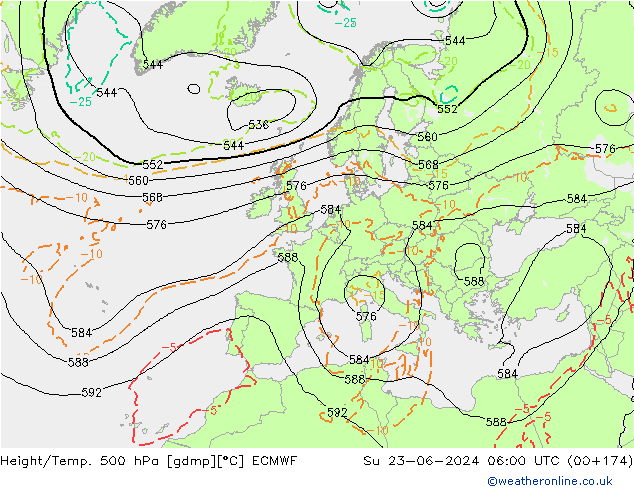 Hoogte/Temp. 500 hPa ECMWF zo 23.06.2024 06 UTC