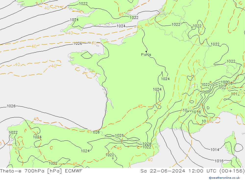 Theta-e 700hPa ECMWF sab 22.06.2024 12 UTC