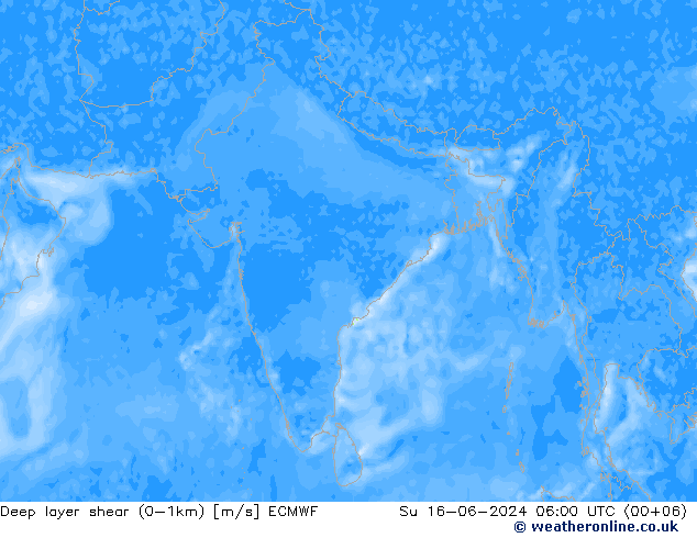 Deep layer shear (0-1km) ECMWF nie. 16.06.2024 06 UTC