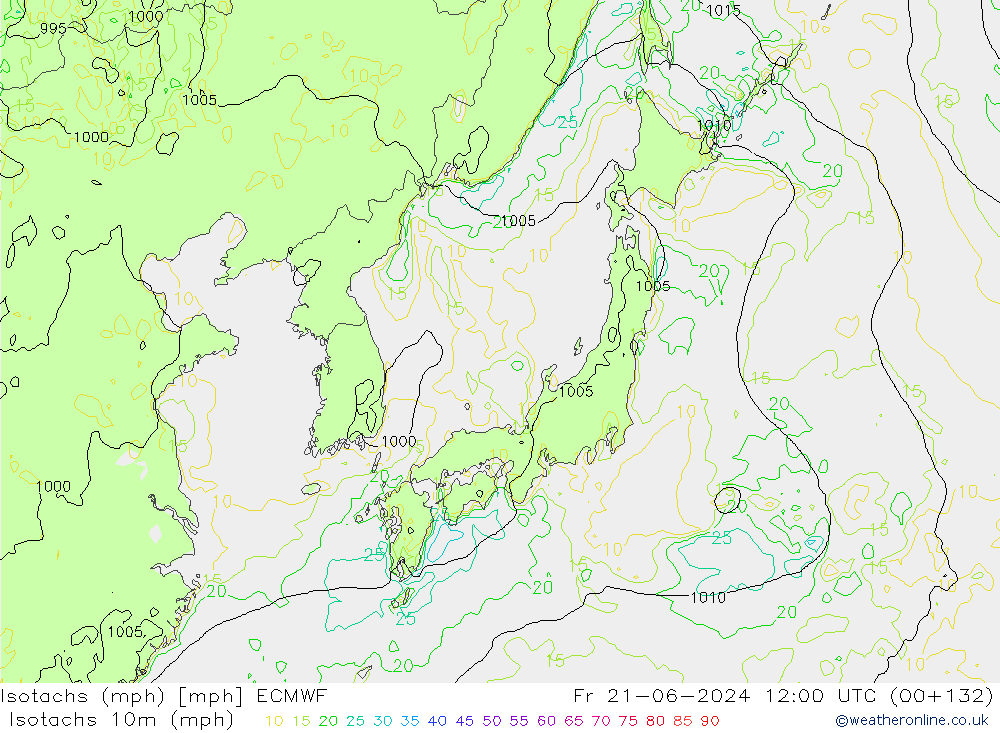 Isotachen (mph) ECMWF vr 21.06.2024 12 UTC