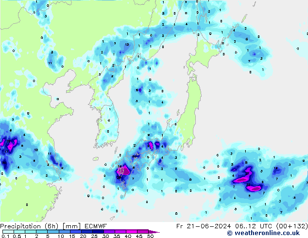 Precipitation (6h) ECMWF Fr 21.06.2024 12 UTC