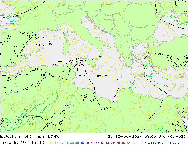 Isotachen (mph) ECMWF zo 16.06.2024 09 UTC