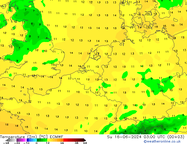 Temperatuurkaart (2m) ECMWF zo 16.06.2024 03 UTC