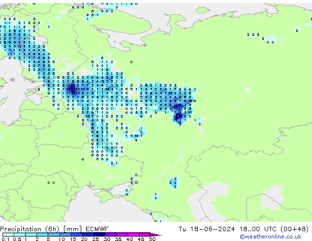 Precipitation (6h) ECMWF Tu 18.06.2024 00 UTC