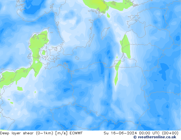 Deep layer shear (0-1km) ECMWF Вс 16.06.2024 00 UTC