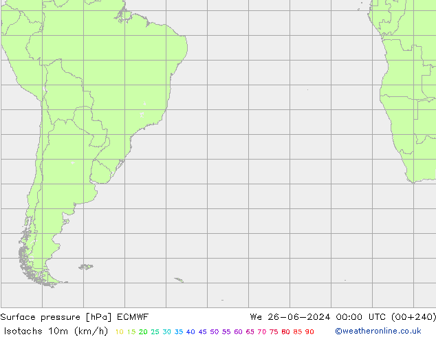 Isotaca (kph) ECMWF mié 26.06.2024 00 UTC