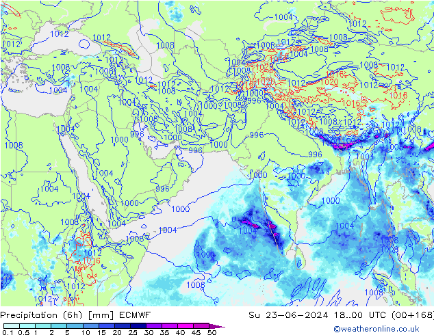 Precipitation (6h) ECMWF Su 23.06.2024 00 UTC