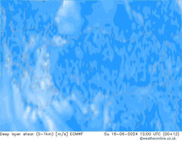 Deep layer shear (0-1km) ECMWF Su 16.06.2024 12 UTC