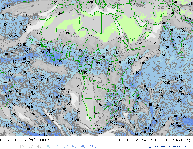 Humidité rel. 850 hPa ECMWF dim 16.06.2024 09 UTC