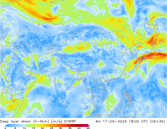 Deep layer shear (0-6km) ECMWF  17.06.2024 18 UTC