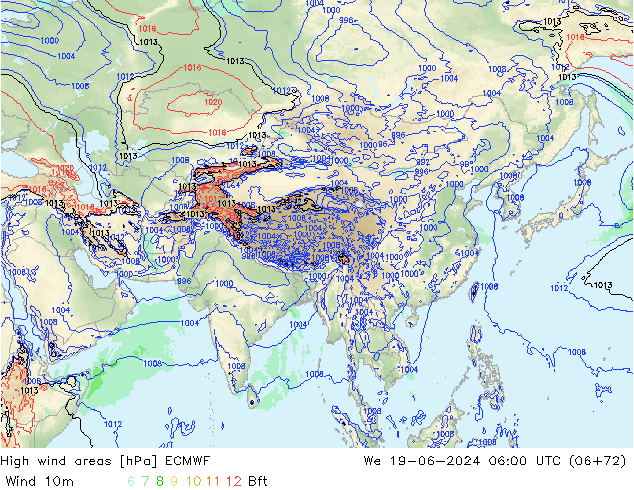 yüksek rüzgarlı alanlar ECMWF Çar 19.06.2024 06 UTC