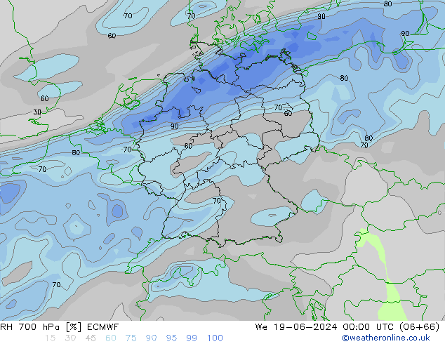 Humidité rel. 700 hPa ECMWF mer 19.06.2024 00 UTC
