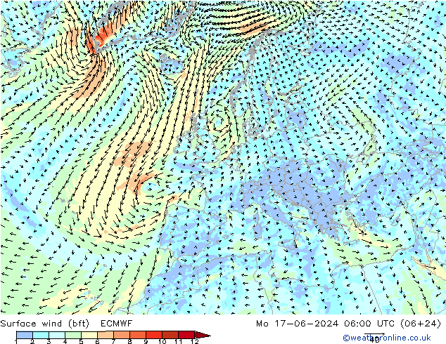 Surface wind (bft) ECMWF Mo 17.06.2024 06 UTC