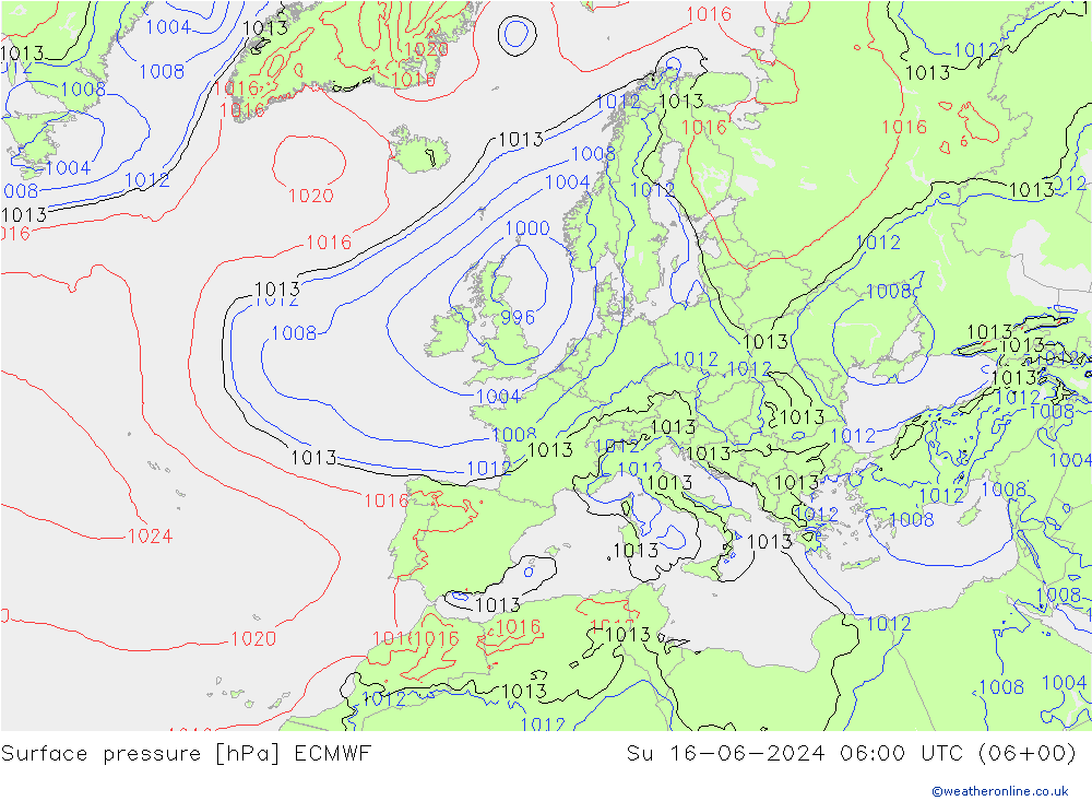 Presión superficial ECMWF dom 16.06.2024 06 UTC
