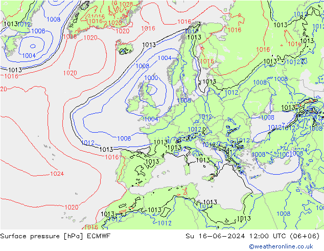 Presión superficial ECMWF dom 16.06.2024 12 UTC