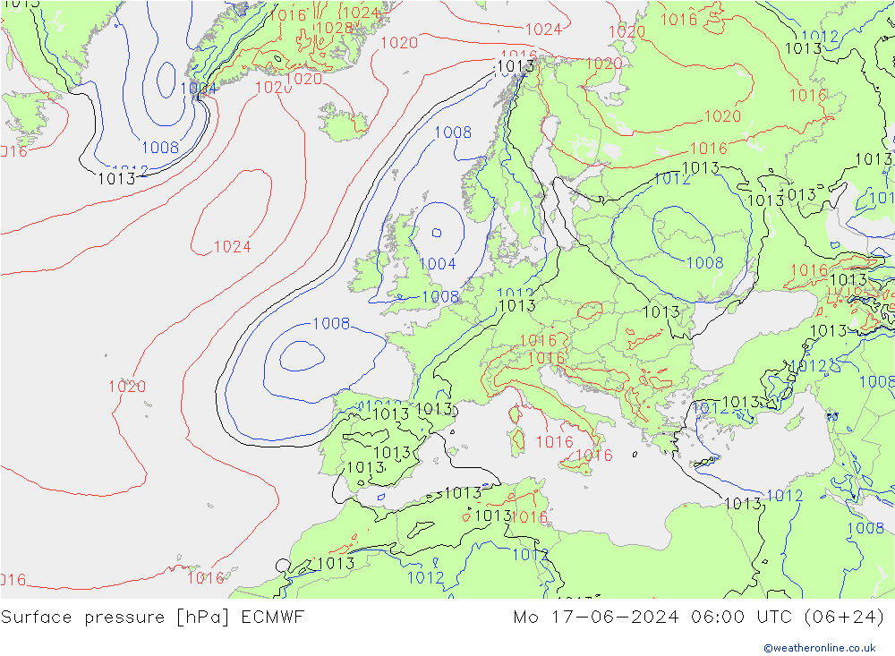 Presión superficial ECMWF lun 17.06.2024 06 UTC