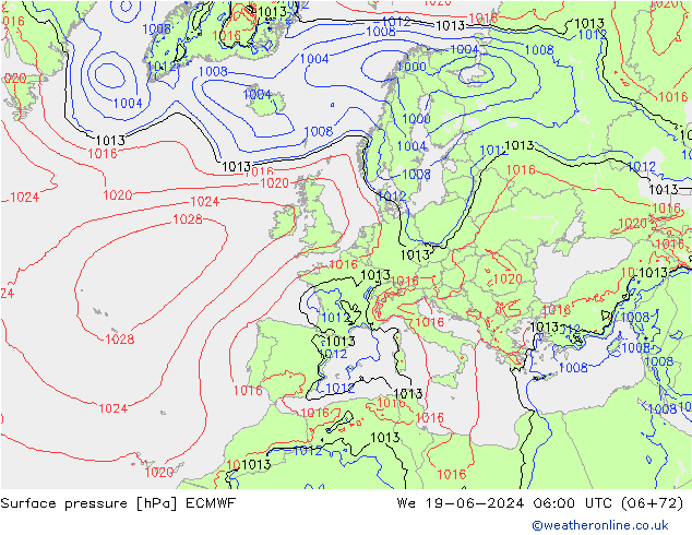 Pressione al suolo ECMWF mer 19.06.2024 06 UTC