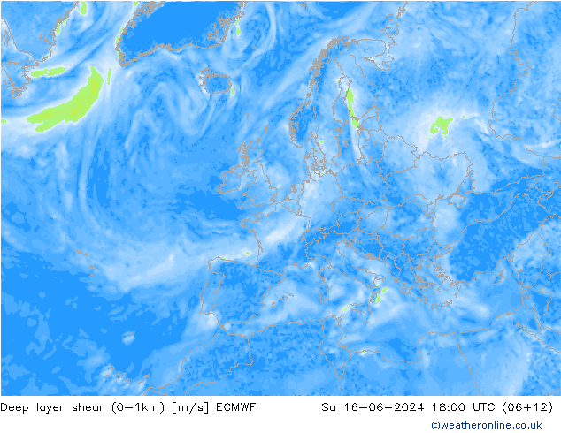 Deep layer shear (0-1km) ECMWF dim 16.06.2024 18 UTC