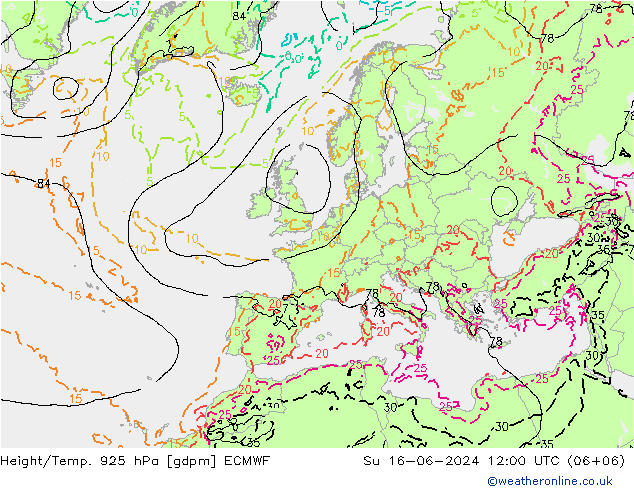 Height/Temp. 925 hPa ECMWF  16.06.2024 12 UTC