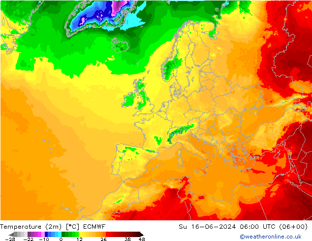 Temperatura (2m) ECMWF dom 16.06.2024 06 UTC