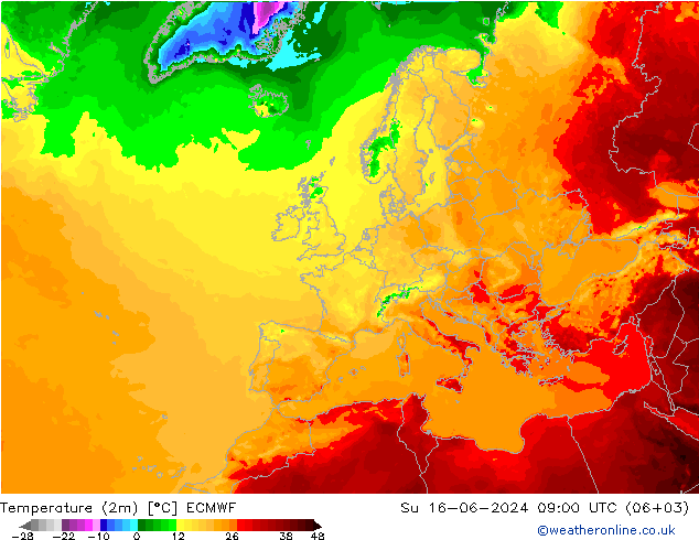 mapa temperatury (2m) ECMWF nie. 16.06.2024 09 UTC