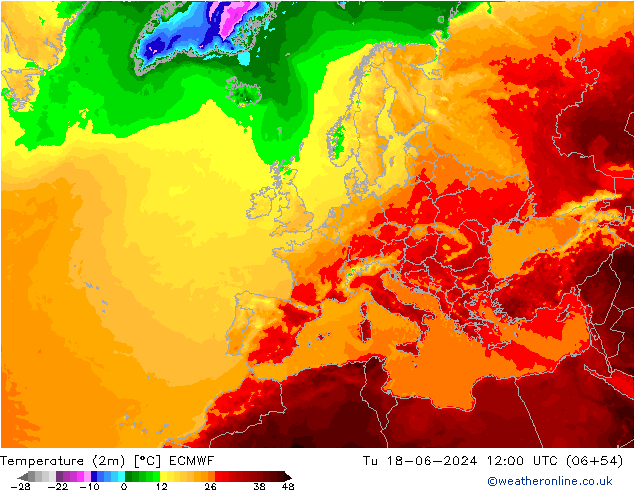 Temperatura (2m) ECMWF mar 18.06.2024 12 UTC