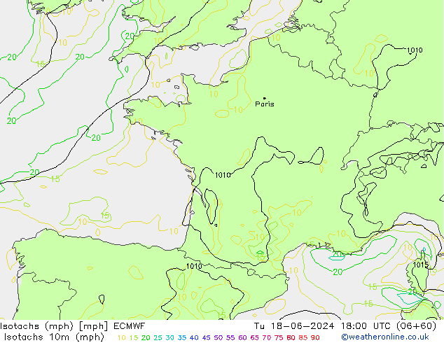Isotachs (mph) ECMWF Út 18.06.2024 18 UTC