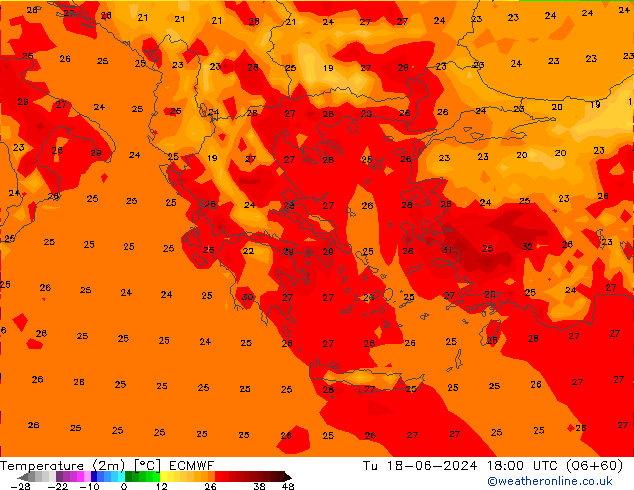 Temperature (2m) ECMWF Tu 18.06.2024 18 UTC