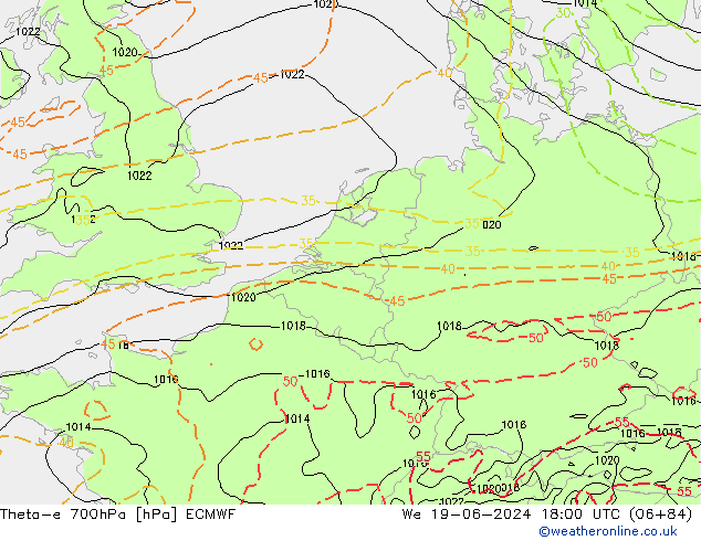 Theta-e 700hPa ECMWF St 19.06.2024 18 UTC