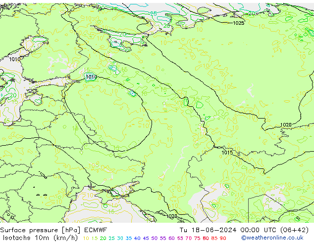 Isotachs (kph) ECMWF вт 18.06.2024 00 UTC