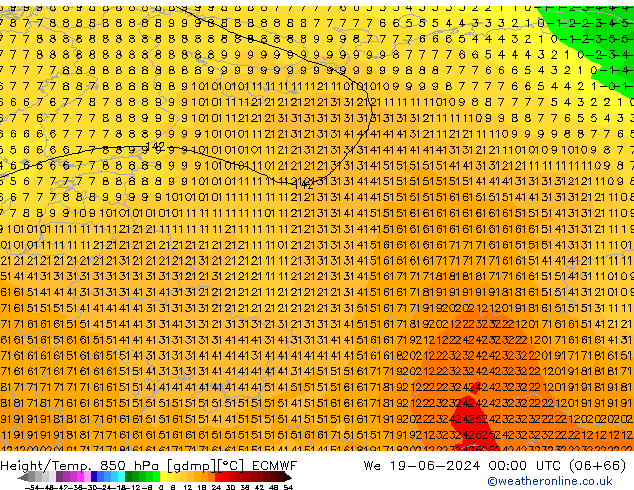 Z500/Rain (+SLP)/Z850 ECMWF mer 19.06.2024 00 UTC