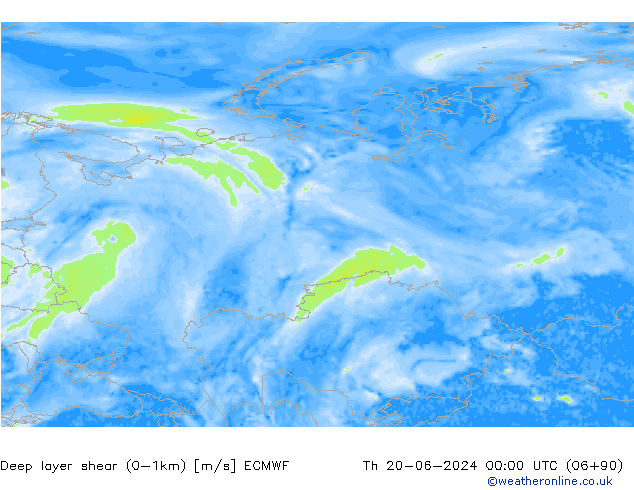Deep layer shear (0-1km) ECMWF do 20.06.2024 00 UTC