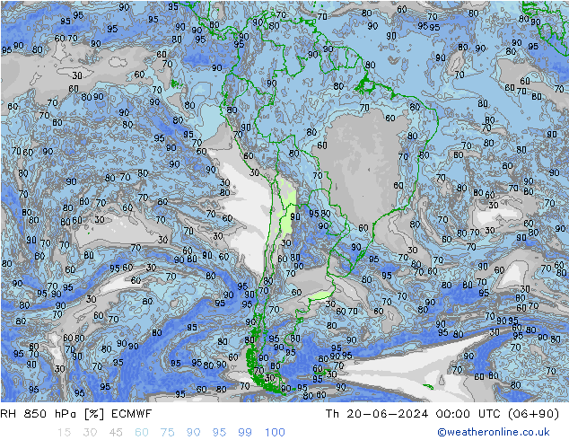 Humidité rel. 850 hPa ECMWF jeu 20.06.2024 00 UTC