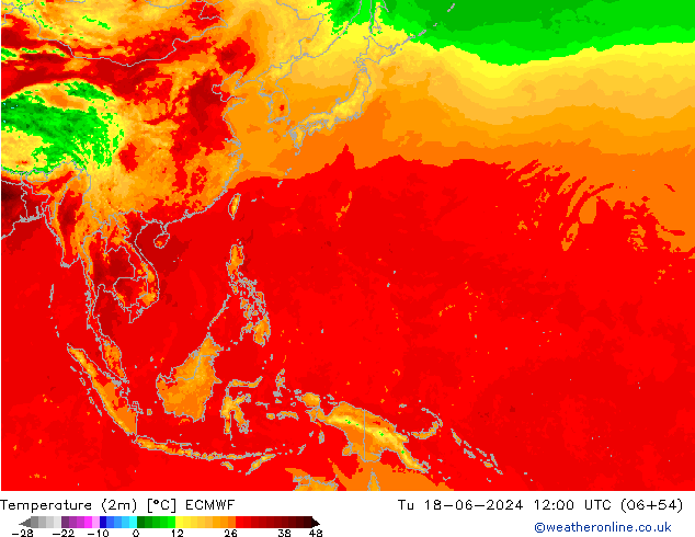 Temperatuurkaart (2m) ECMWF di 18.06.2024 12 UTC